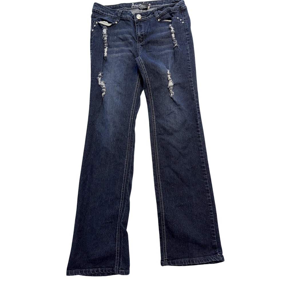 Arco Iris Straight Jeans Juniors 11 Blue Wash Mid‎ Rise Distressed Stretch 32x32